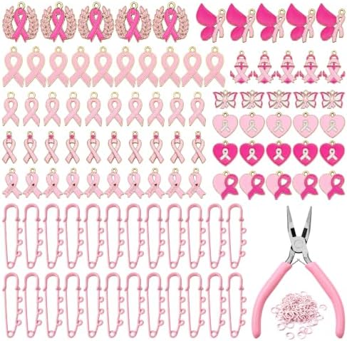 Breast Cancer Awareness Accessories DIY Pins Ribbon Brooches Craft Kit, 24 pink Safety Pins, 75 Enamel Charms, 100 Jump Rings, Pliers Tool, Pink Breast Cancer Survivor Gift for Women Girls Charity Month Party