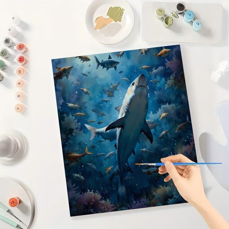 Underwater Adventure Paint by Numbers Kit for Adults - DIY Shark and Fish in Ocean Scene Painting on Canvas 8X12IN framed, Acrylic Paint Set, Suitable for Beginners, Art for Home Decoration/Gifts