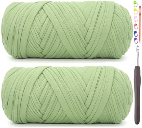 2 Pack Tshirt Yarn for Crocheting,Green T Shirt Chunky Elastic Fabric Thick T-Shirt Crochet Yarn for Beginners Crocheting Hand Knitting Bag/Basket/Coasters/DIY Crafts/Home Decor 2*200G(Avocado Green）