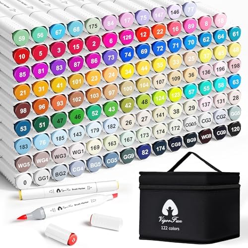 VigorFun Alcohol Markers Brush Tip, 122 Colors Dual Tip Brush & Chisel