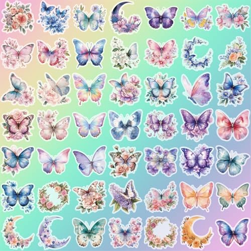 50 Butterfly Stickers, PET Waterproof Transparent Colorful Resin Decals Self-Adhesive Scrapbooking Stickers Supplies Journal Stuffers for Adult Card Making Letters DIY (Butterfly)