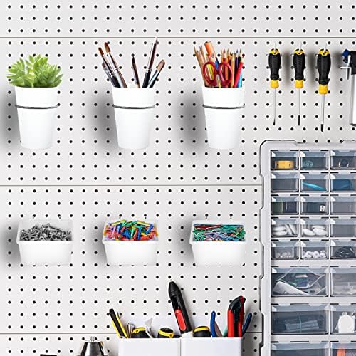 Kuhome 6 Sets Pegboard Bins Cups with Hooks Loops, Pegboard Hooks Assortment, Hooks for Pegboard Cup Holder for Tools Accessory Storage Organizer for Office Workshop Garage Workbench White