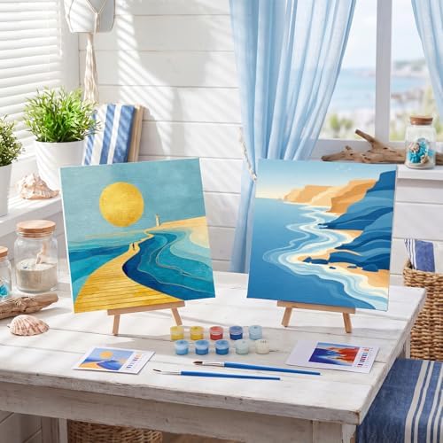 Nezyo 8 Sets 8 x 8 Inch Paint by Numbers Kit for Adult Beginners with Wooden Easels Acrylic Paint by Number Landscape Paintings Kits for DIY Party Home Decor Gift(Blue Ocean)