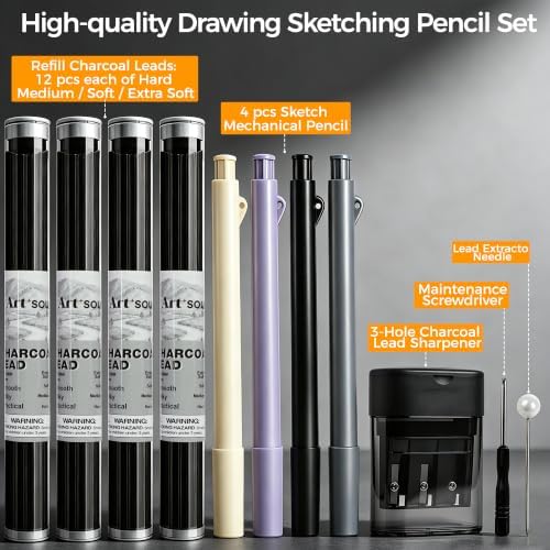 Sketch Mechanical Pencil Set - 7.2 inch 4 Hardness Grades Charcoal Leads