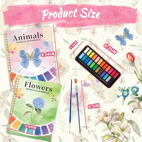 Watercolor Workbook - Coloring Book Beginner Friendly Painting Kit, Watercolor Workbooks for Adults, Exploration Gift for Adults Teens (Flowers-Animals, 24 Color Palette)