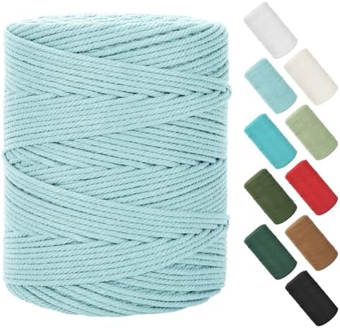 Macrame Cord 4mm x 380Yards (1140Feet), Natural Cotton Macrame Rope - 4 Strands Twisted Macrame Cotton Cord for Wall Hanging, Plant Hangers, Crafts, Gift Wrapping and Wedding Decorations, Light Blue