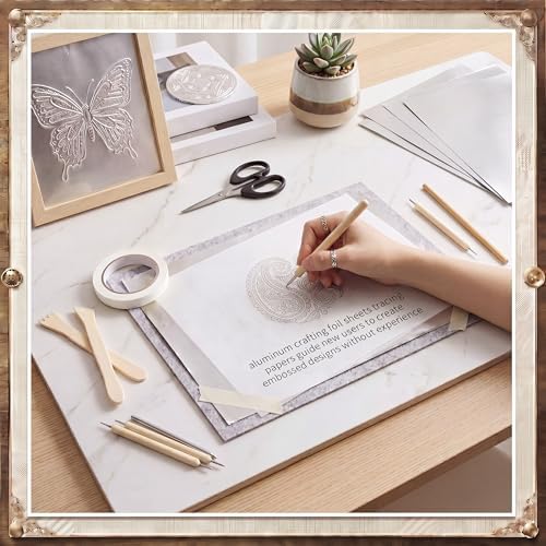 Yaocom 22 Pcs Metal Embossing Kit for Beginners, 0.3mm Thick Aluminum Sheets with Embossing Tools, Stylus, Tracing Paper and Felt Pad, 8 x 12 Inch DIY Craft Set for Art, Frame Not Included