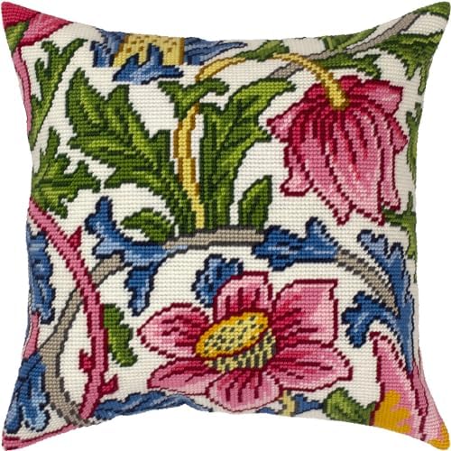Brvsk Floral Embroidery Kit for Adults and Beginners — Rose by William Morris 16″ × 16″ with Clear, Precise Printed Design on Cotton Canvas; Includes 2 Needles, Yarn, and Easy-Read Chart