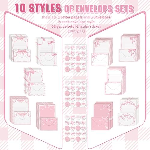 TaoBary 160 Pcs Pink Bow Stationery Paper Set for Girls with Stationery Letter and Envelopes 50 Double Sided Papers with 50 Matching Envelopes and 60 Round Dot Sticker 10 Design (5.5 x 8.25 Inch)