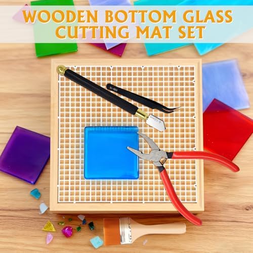 Stained Glass Cutting Mat, 12"x12" Stain Glass Tools and Supplies, Large Cutting Board for Crafting, Includes Cutter, Brush, Ruler, Tweezers, Pliers