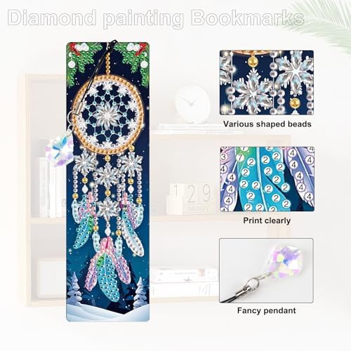 4 Pieces 5D Diamond Painting Bookmarks for Adults, Dreamcatcher Rhinestone Bookmarks with Tassels, DIY Handmade Diamond Art Bookmark Craft Kit, Unique Book Marks Set for Book Lovers