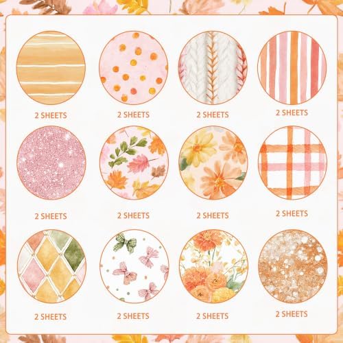 24 Sheets Orange Floral Scrapbook Paper, 12x12 Double Sided Craft Paper Pad