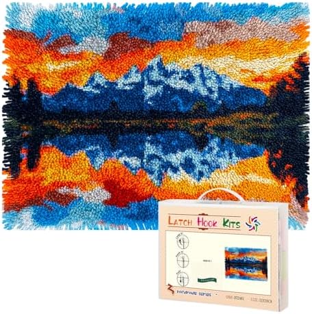 Latch Hook Rug Kit Landscape of Mountain Lake Pre-Printed Handmade Carpet Crochet Yarn Craft DIY Hook and Latch Door Mat Tapestry for Home Floor Decoration 52x38cm-1