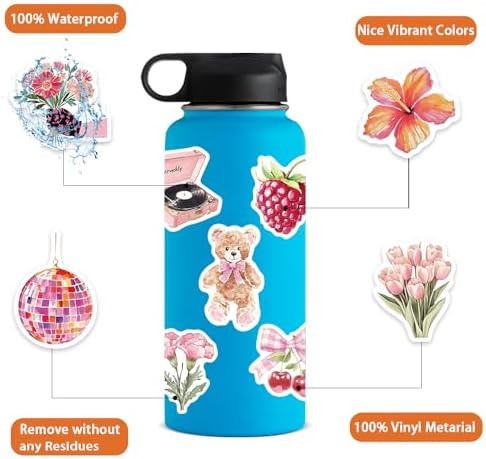 55 PCS Vintage Pink Stickers, Waterproof Retro Aesthetic Stickers for Water Bottles,Laptop Scrapbook Journaling Decorative Decals for Adults