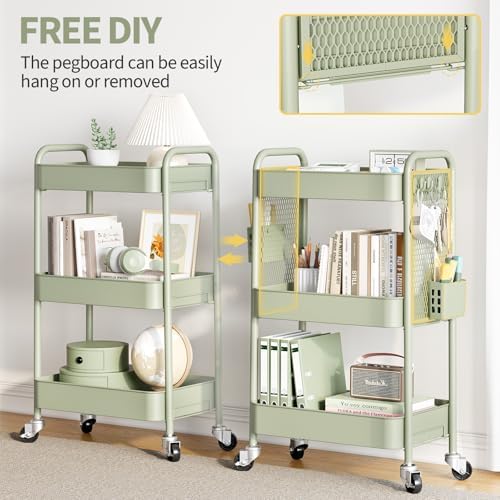 TOOLF 3 Tier Rolling Cart, Metal Utility Storage Cart with Pegboard, Green | 2 Bins & 4 Hooks, Screwless Assembly, Lockable Wheels, Trolley Organizer for Bathroom, Kitchen, Office, Dorm, Craft Room