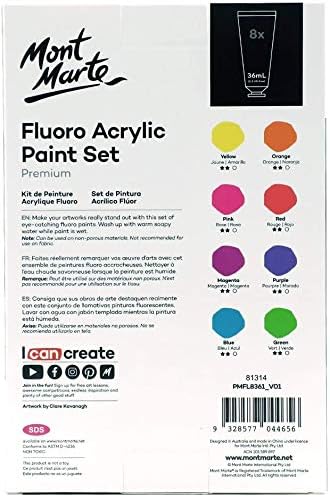 Mont Marte Fluoro Acrylic Paint Set, 8 x 1.02oz (36ml) Tubes, 8 Colors, Suitable for Most Surfaces Including Canvas, Card, Paper and Wood