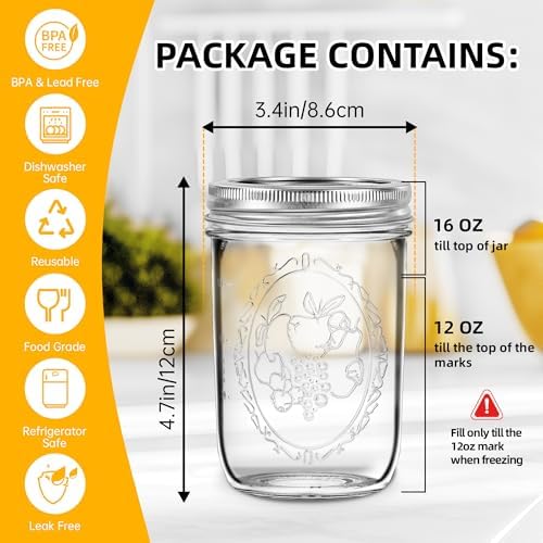 Miuyhji 16 oz Wide Mouth Glass Mason Jars with Lids, 2 Pack for Canning