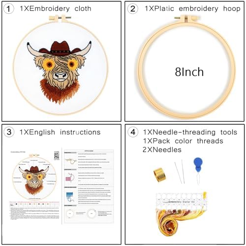 Highland Cow Embroidery Kits for Beginners Adults, Animal Hand Embroidery Starters Kits, Stamped Cross Stitch Kits DIY Needlepoint Kits for Beginners Adults, Embroidery Hoop, Thread and Video Tutorial