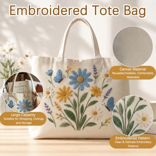 ARTopet Embroidery Tote Bag Kit for Beginners Flower Canvas Cross Stitch Handbag with Hoops Needles Threads Reusable Grocery Bag for Women-Flowers