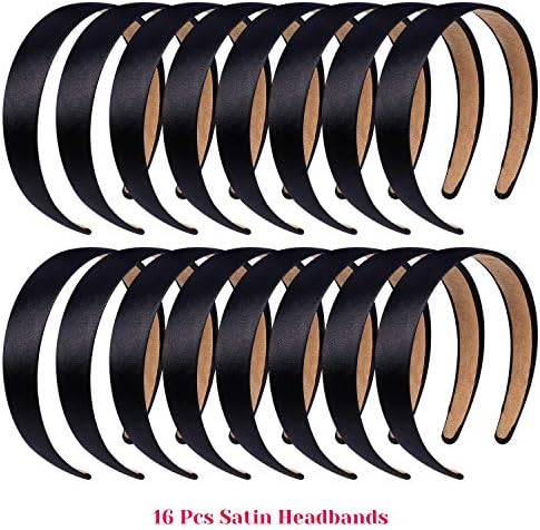 anezus 16 Pcs Satin Headbands Bulk 1 Inch Anti-slip Black Ribbon Hair Bands Plain Hard Headbands for Women Girls DIY Craft Hair Accessories (Black) (Pack of 2)