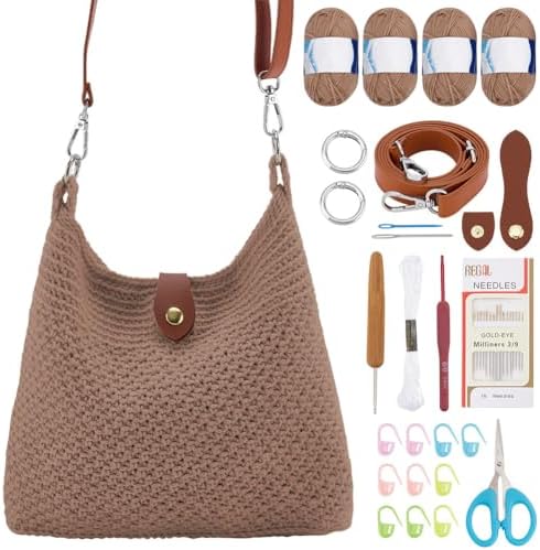 ACRNIGHEET Crochet Bag Kit for Beginners Crochet Purse for Women DIY Tote Bag Making Kit with Step-by-Step Tutorials Knitting Supplies for Adults Crafts Autumn Winter Boho Gift Idea (Khaki)
