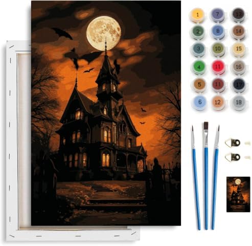 Spandrel Paint by Numbers for Adults Halloween Haunted House Canvas Oil Painting Kit, Gothic Spooky Full Moon Horror Landscape Number Painting, Dark Halloween Wall Art Decor Gift for Beginners