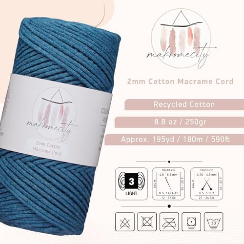 Makromecity, Cotton Macrame Cord 2mm x 195 Yards (590 feet) 2mm Recycled Cotton Crochet Yarn for Macrame Art & Crafts for Wall Hangings, Bags, Underplate, Rug (25 Colors Available) (Denim Blue)