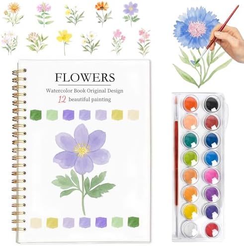 Easy Watercolor Workbook for Beginners - 12 Beautiful Step-by-Step Paintings Water Coloring Book, Includes 16 Watercolors Set, Relaxing Art Projects and Creative Gift for Adults & Teen (Flowers)