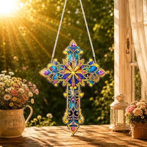 HMZephitiquc Cross Hanging Diamond Art Kits for Adults, Special Shaped Crystal Christian Diamond Painting Suncatchers, 5D Gem Art, Sun Catchers DIY Craft Kits for Gift Home Decor