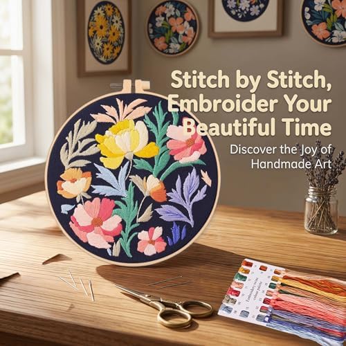 Harimau Adult Beginner Embroidery Starter Kit, Complete Set with 4 Patterns, 2 Hoops, Needles, Scissors, Instruction Guide & Stitching Video Tutorials
