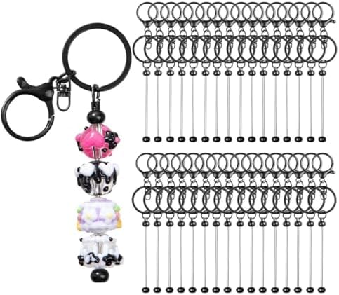 RQAYE 30pcs Beadable Keychains keychain bulk kit cute blank bead keychain strip DIY men's and women's making supplies crafts, jewelry, bag accessories, customized project gifts (Black)