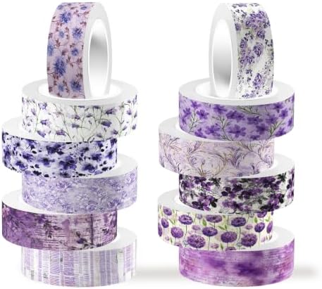 Purple Floral Washi Tape Set - 12 Rolls Decorative Masking Tape Crafts