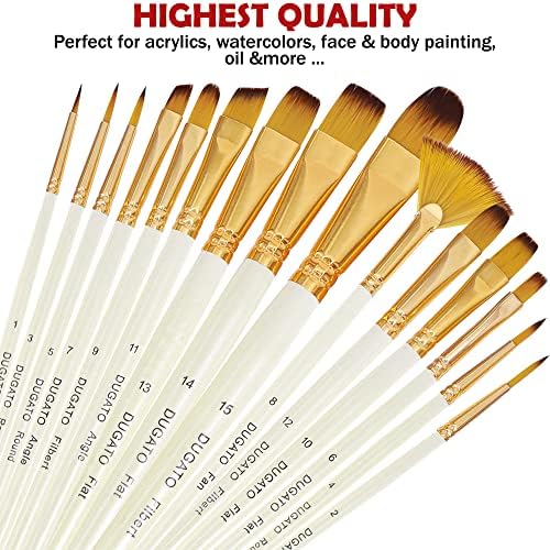 DUGATO Paint Brush Set 15 pc, Anti-Shedding Nylon Hair, Comfort Grip