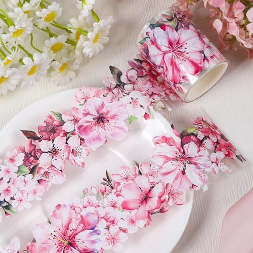 Sitsink PET Tape for Journal Scrapbooking - Pink Flower Cherry Junk Journal Tape for Scrapbooking Decor, Phone Case Notebook Card Crafts