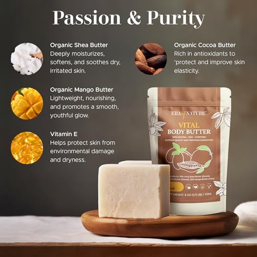 Era of Nature Organic Shea, Mango & Cocoa Body Butter – Raw, Unrefined, 100% Natural – Perfect Base for DIY Skincare, Body Butters, Lotions, Soaps & Lip Balms – Essential for Homemade Creations – 32oz