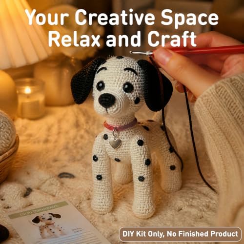 DIY Crochet Dalmatian Dog Kit for Beginners – Amigurumi Spotted Dog Stuffed Animal Knitting Kit with Yarn, Safety Eyes, Heart Tag & Instructions – Easy Beginner Crochet Craft Gift for Adults