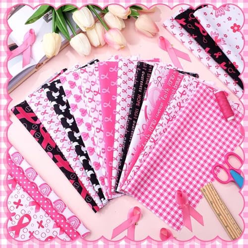 HunnmingRe 20 Pcs 10''x10'' Pink Ribbons Quilting Fabric Square Breast Cancer Awareness Precuts Quilted Fabric Bundle Polka Dot Plaid Printed Sewing Material for Holiday Patchwork DIY Craft Supplies