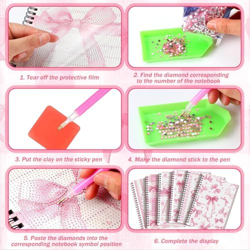 Fullhawl 6 Pack 5D DIY Diamond Art Crafts Kit for Adults Office Supplies Beginner A5 Leather Diamond Painting Gift for Women Art Cover Craft Accessories with Tool (Pink Bow)