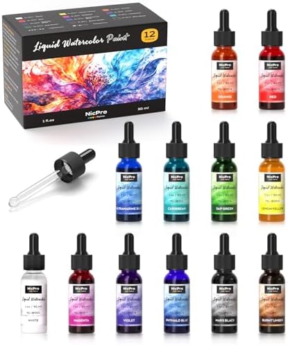 Nicpro 12 Colors Liquid Watercolor Paint Set 30ml (1oz) Ink Dropper Bottles
