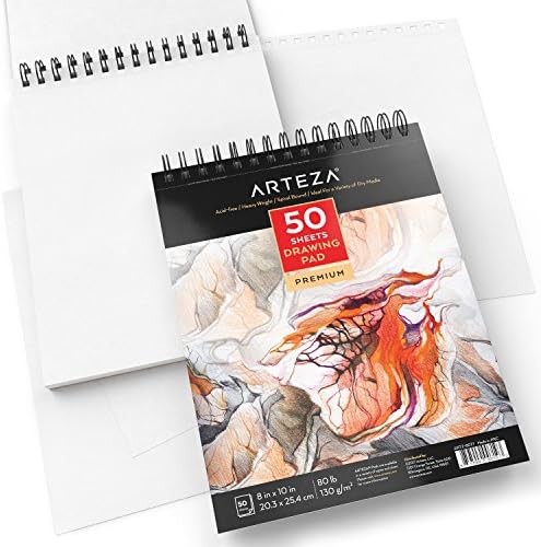ARTEZA Drawing Paper Pad, 8 x 10 Inches, Pack of 2, 50 Sheets Each, Spiral Bound Artist Drawing Books, Durable Acid Free White Sketch Paper