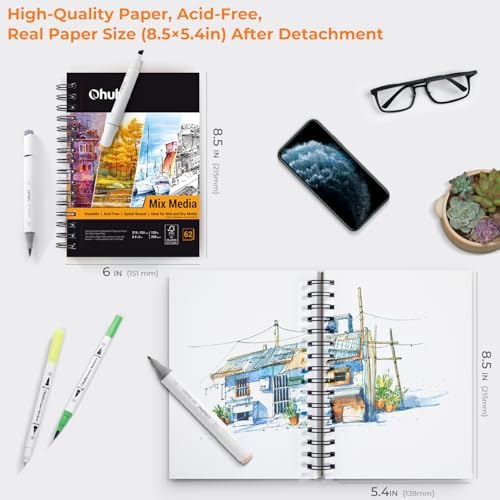 Ohuhu 5.5"x8.5" Mix Media Pad Art Sketchbook 62 Sheets for Painting Drawing | Small Sketch Book - 120 LB/200 GSM Heavyweight Paper - Spiral-Bound Mixed Media Paper for Watercolor Acrylic Christmas Gift