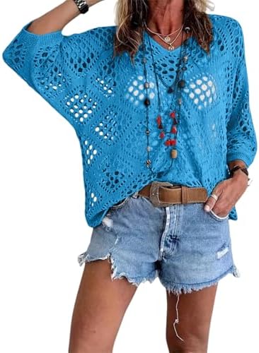 Bohemian Crochet Tops for Women 3/4 Sleeve V-Neck Open Knit Pullover Beach Cover Ups Hollow Out Boho Vacation Blouse