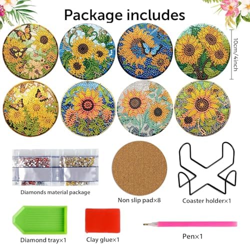 Diamond Art Coasters Kit, 8 Pieces Sunflowers Diamond Painting Coasters Kit