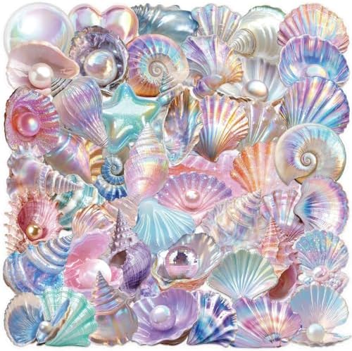 50 Pcs PET Transparent Seashell Stickers, Waterproof Vinyl Coastal Shell Decals for Laptop Skateboard Luggage, Colorful Beach Shell Stickers Gift for Kids Teens Adults (Shell)