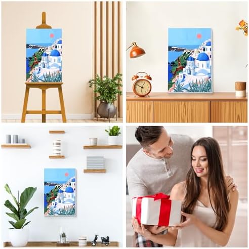 KEYIFA Paint by Numbers for Adults on Framed Canvas - with Wooden Easel, Santorini Painting by Number Kit for Beginners, DIY Greece Acrylic Paint-by-Number Kits for Home Wall Decor (8x12 inch)