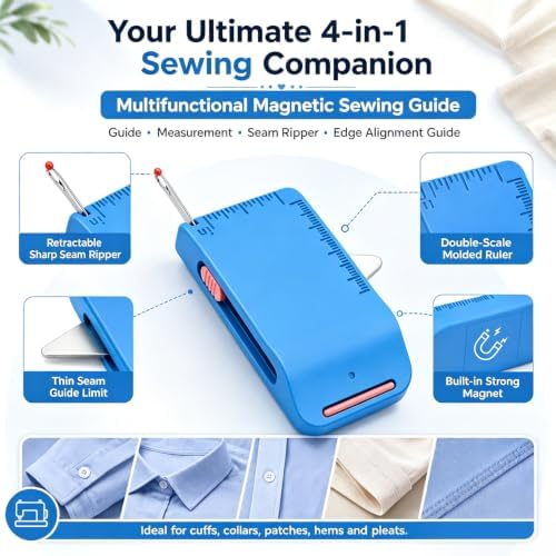 2PCS Magnetic Sewing Machine Seam Guide Tool – 4-in-1 Edge Guide with Built-in Seam Ripper & Ruler Scale for Cuffs, Plackets, Topstitching, ABS Sewing Accessory for Beginners (Blue+Pink)