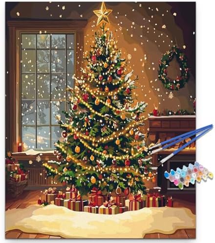Artunion Christmas Tree Paint by Numbers Kit for Adults,Tree Paint by Number Kits, DIY Oil Painting Paint by Number Kits on Canvas Arts Craft for Home Wall Decor 16x20 Inch