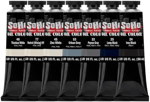 Soho Urban Artist Oil Paint Greys Set of 7-50 mL Tubes, Triple-Milled Oils with Refined Linseed - Smooth Application, True Color Mixes, Ideal for Brushes & Palette Knives