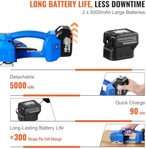 VEVOR Electric Strapping Machine, for 0.35"-0.63" PP PET Straps, Portable Electric Banding Tool with Digital Display, 2 x 5000mAh Battery Powered Automatic Strapping Tool for Packaging Box Pallet