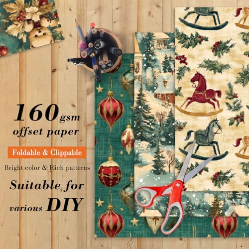 6inch Christmas Scrapbooking Cardstock Decorative - 24 Sheets Patterns Designed Paper Pad Decoupage Folded Card Making Origami Gift Wrapping Supplies for Journals DIY Crafts